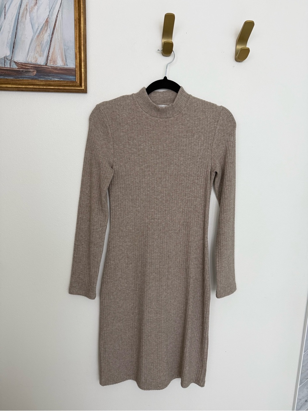 Vince Taupe Ribbed Mock-Neck Midi Dress